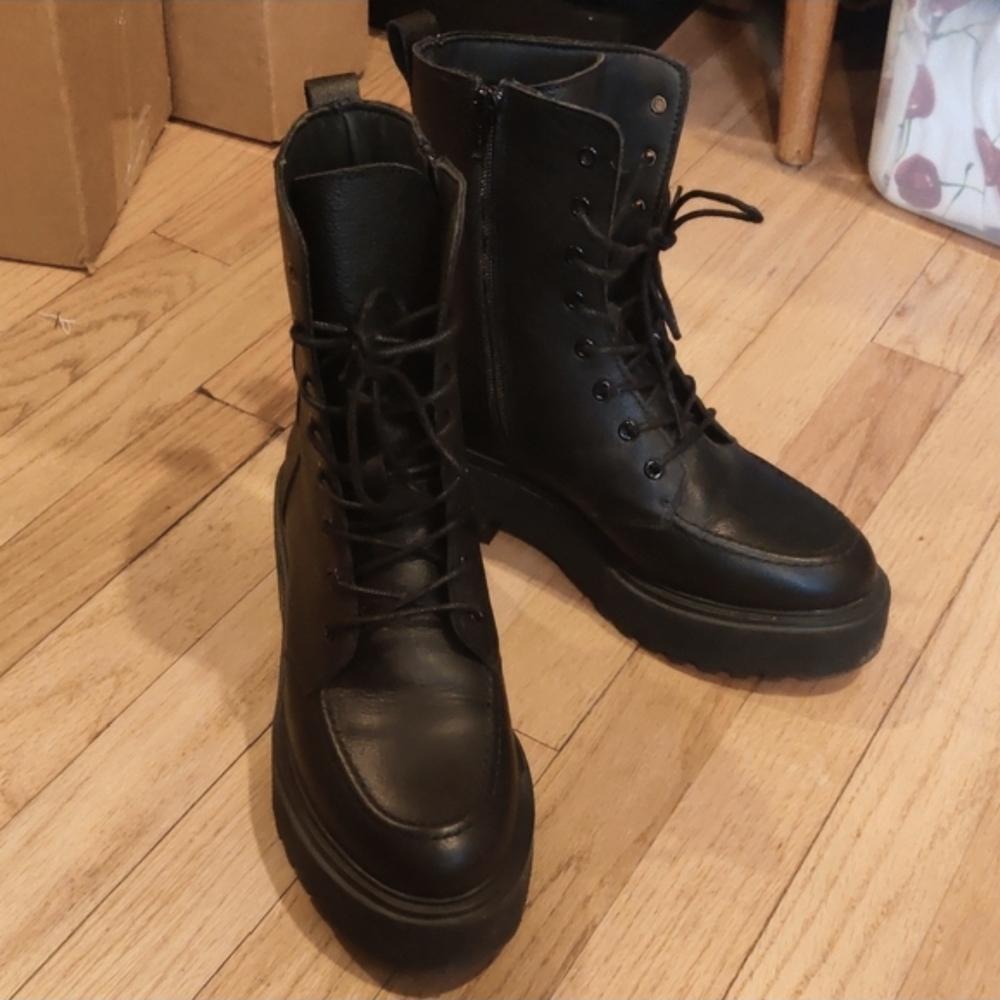 Sleek Black Leather Combat  Women's Boots